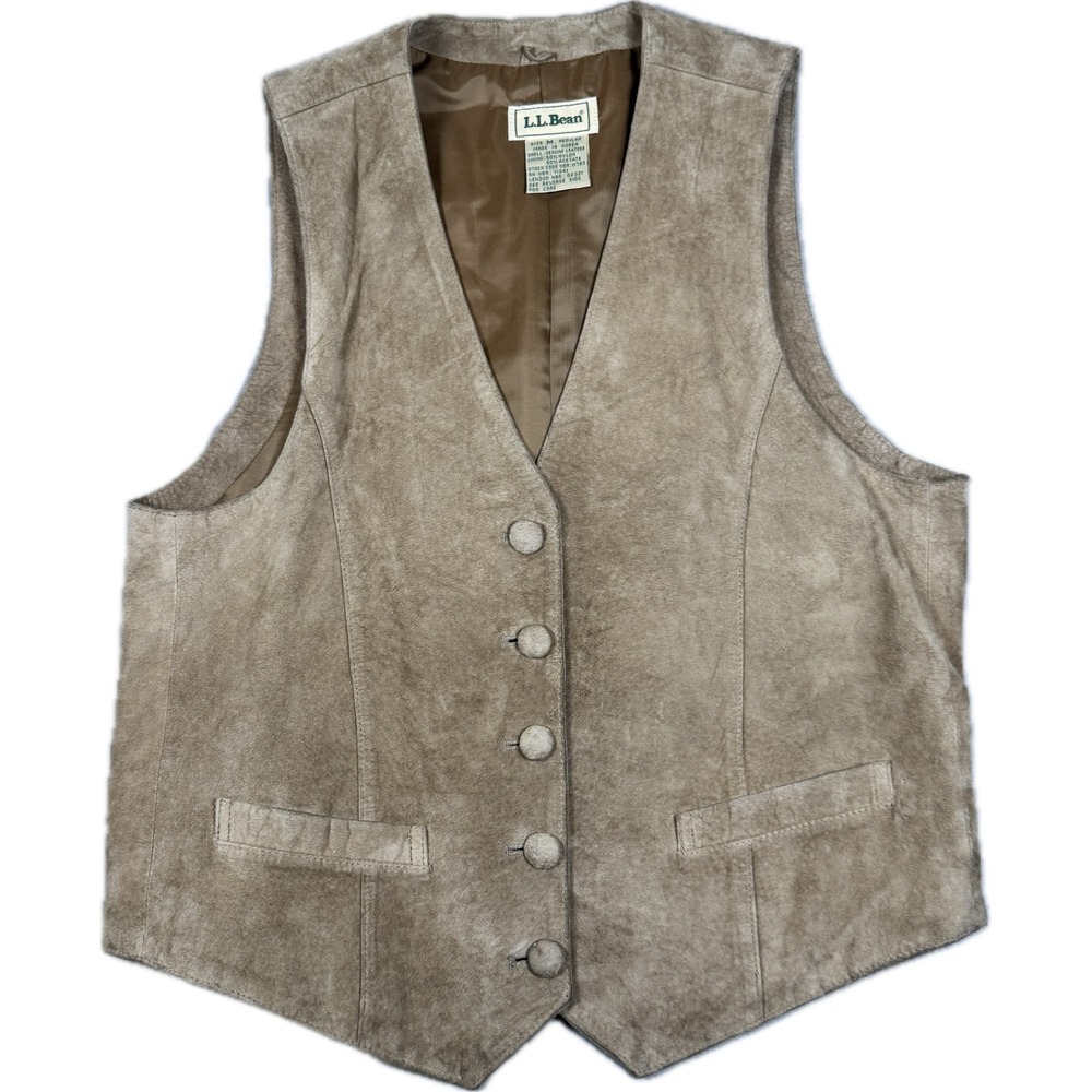 Vintage 1990s LL Bean Leather Vest Mens Medium Tan Suede Button Front V-Neck